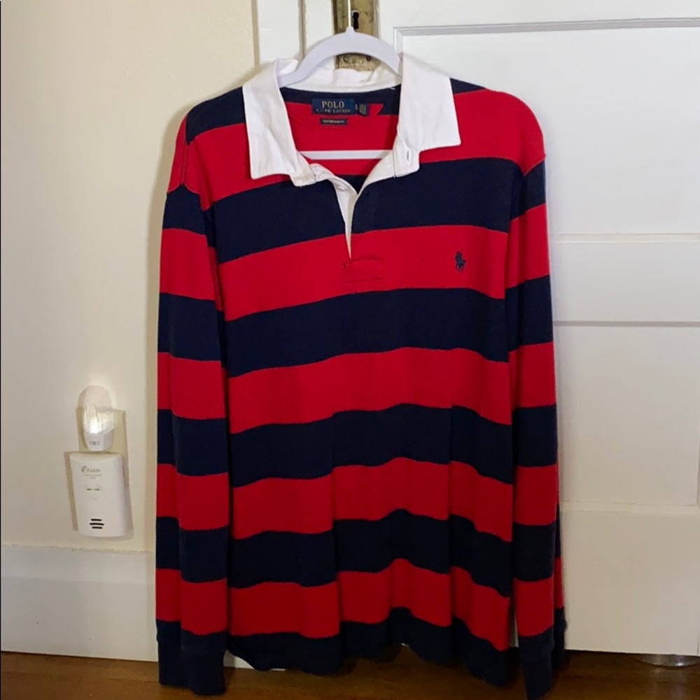 XL red with navy horizontal stripes dress shirt